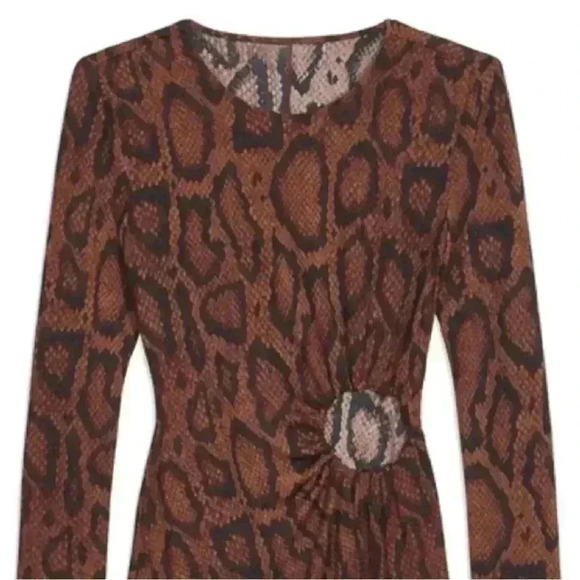 DANIELLE BERNSTEIN x WEWOREWHAT Ruched O-Ring brown snake Long Sleeve Mini Dress - Picture 3 of 5